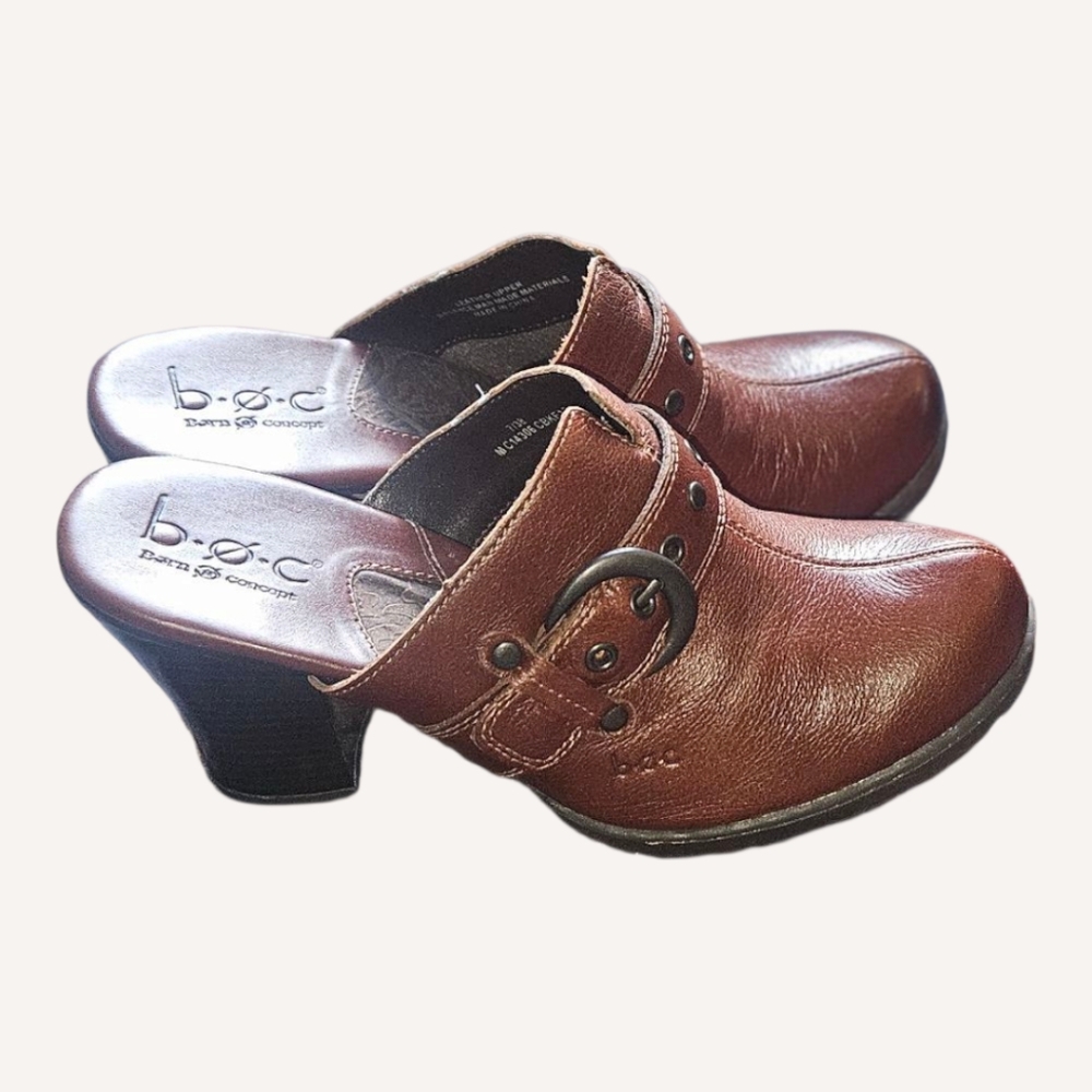 b.o.c. BORN Women's Chestnut Leather Heel Buckle Clogs/Mules 7